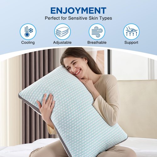 Baskbed Cooling Pillows Queen Size Set of 2, Shredded Memory Foam Pillows 2 Pack, Bed Pillow for Hot Sleepers Adjustable Firm Pillow for Side, Back and Stomach Sleepers, Machine Washable