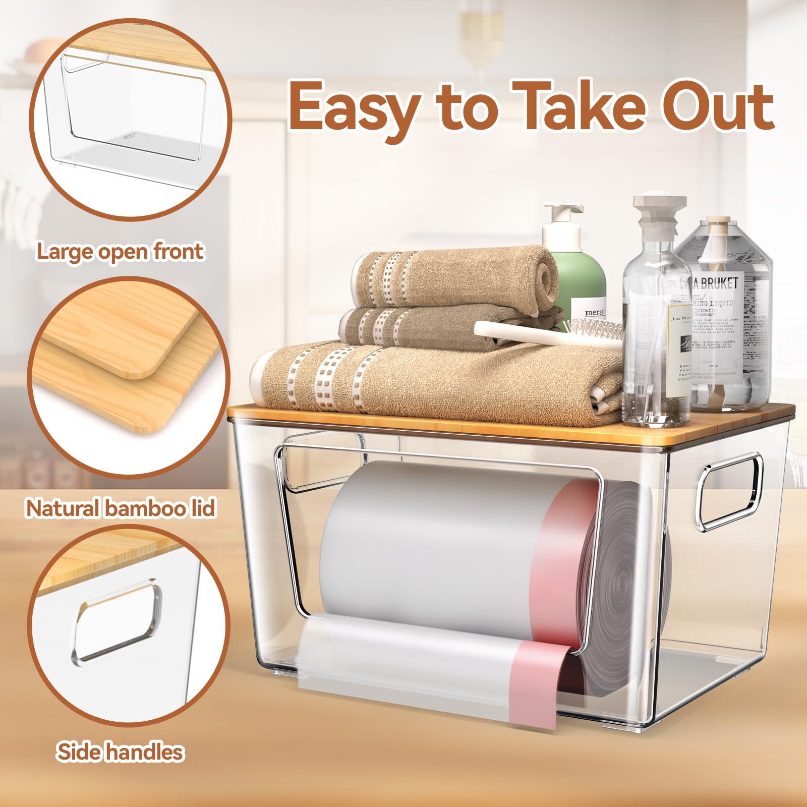 spospo 2 Pack Trash Bag Holder with Bamboo Lid, Stackable Trashbag Dispenser, Extra Large Garbage Bag Holder for Kitchen Laundry Room Under Sink Organization and Storage