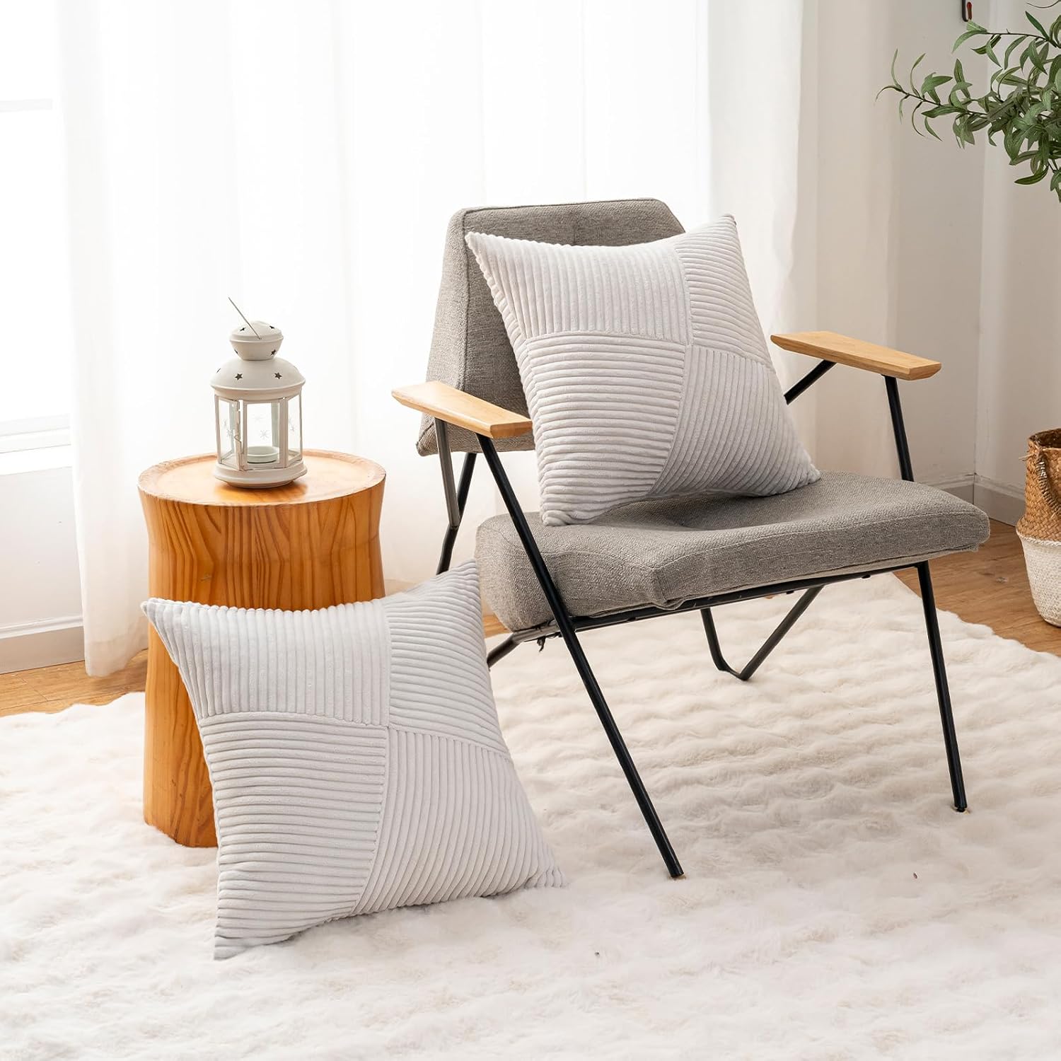 Skiennix Decorative Throw Pillow Covers - Set of 2 | 18x18 Inch Soft Corduroy Striped Cushion Cases in Cream White for Boho Farmhouse Decor