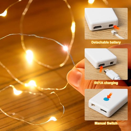 17FT 100LEDs Rechargeable Photo Clips String Light,Remote Control,3 Off Timer,Tangle-Free,Detachable Battery Operated Fairy Lights,Dorm Room Essential for Girl,Christmas(Cool+Warm White,1Pack)