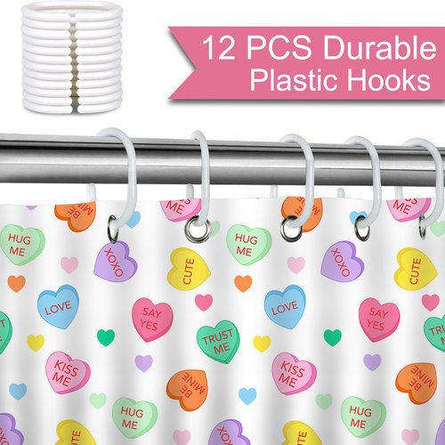Mocsicka Valentines Shower Curtain Colorful Candy Heart Bathroom Shower Curtain Valentine Love Heart Waterproof Fabric Shower Curtains Bathtub Decor with 12 Hooks 72 X 72 Inches