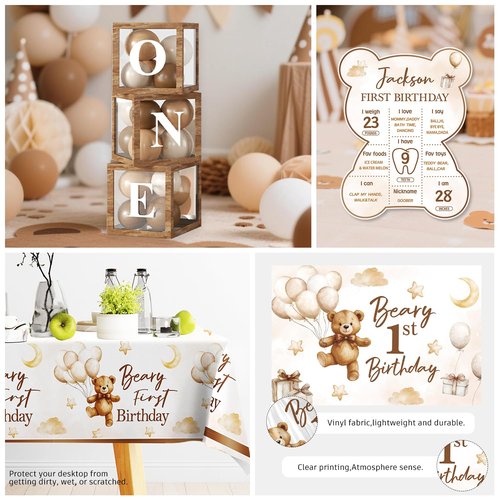 cocomigo 238 PCS Beary First Birthday Decorations, All-in-One Brown Bear Party Pack Service 20, With Banners, Backdrop, Cake Topper, Balloons, Plates and Napkins for Beary 1st Birthday Party