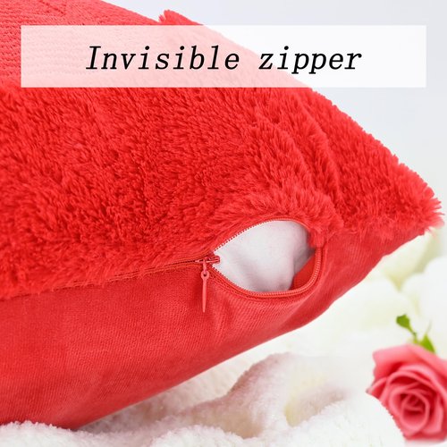aolime Valentine's Day Pillow Covers Decoration, 18 x 18 Inch Set of 2 Red Arrow Love Heart Soft Plush Faux Fur Throw Pillow Cases for Chair Sofa Bedroom Living Room Home Decor