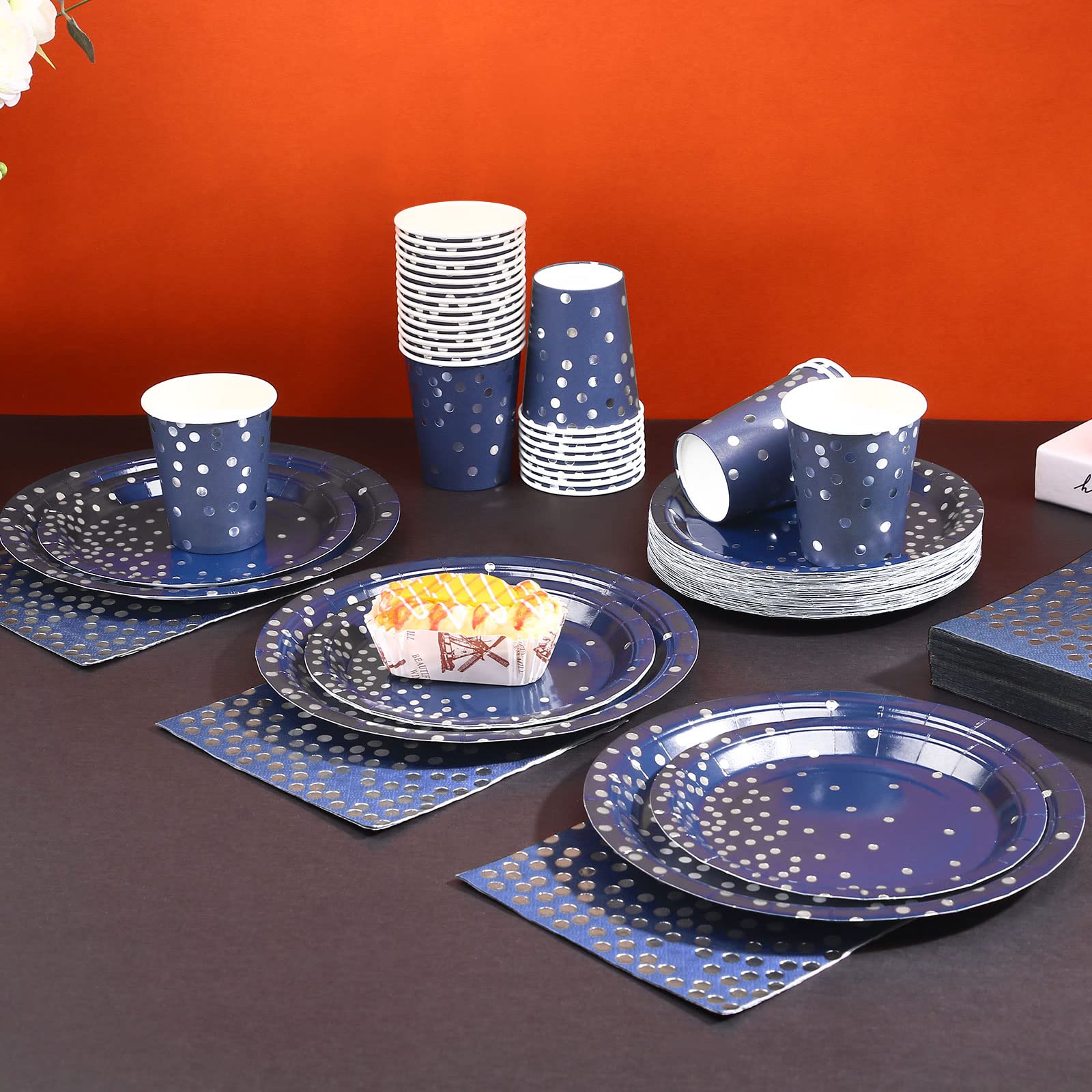 Gudvilla 200pcs Blue and Silver Party Deorations Birthday Plates Disposable-Serve 50 Guests,Navy Blue Plates and Napkins Party Supplies for Wedding Anniversary Retirement Graduation Decorations