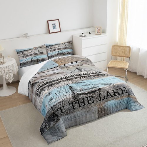 Erosebridal Lake House Queen Size Comforter Set, Rustic Farmhouse Bedding Set for Kids Boys Teens Adult Women, Wooden Bridge Blue Grey Duvet Sets Mountain Barn Door Duvet Insert Gift for Lake Lover