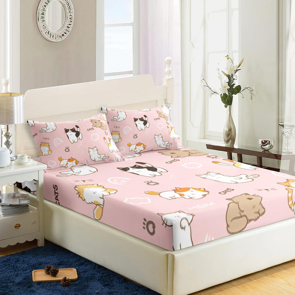 XYNHML Kids Cute Cat Fitted Sheet Set 3Pcs Cartoon Pet Cat Paw Quilt Bed Sheets Twin Lovely Animal White Cloudy Bedding Set for Boys Teens Adult Includes 1 Fitted Sheet,2 Pillowcases