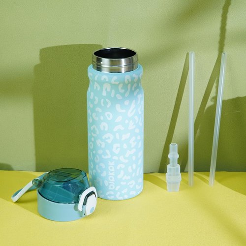 BJPKPK Insulated Water Bottle - 18oz Stainless Steel Flask with Straw & Carry Handle | Sky Blue Leopard