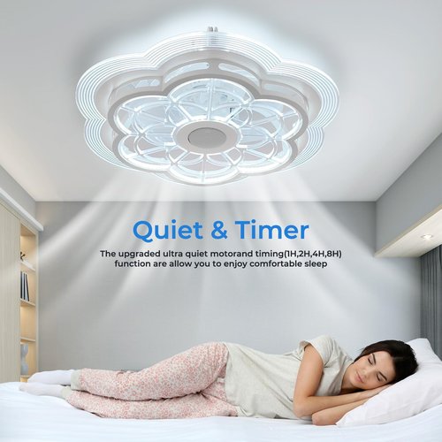 Ceiling Fan with Lights Remote Control, Enclosed flower light fan, with Bluetooth Speaker 3 Colors Dimmable 6 Speeds, Flush Mount Bladeless Petal Chandelier APP Control 19.6 In for Bedroom, Indoor