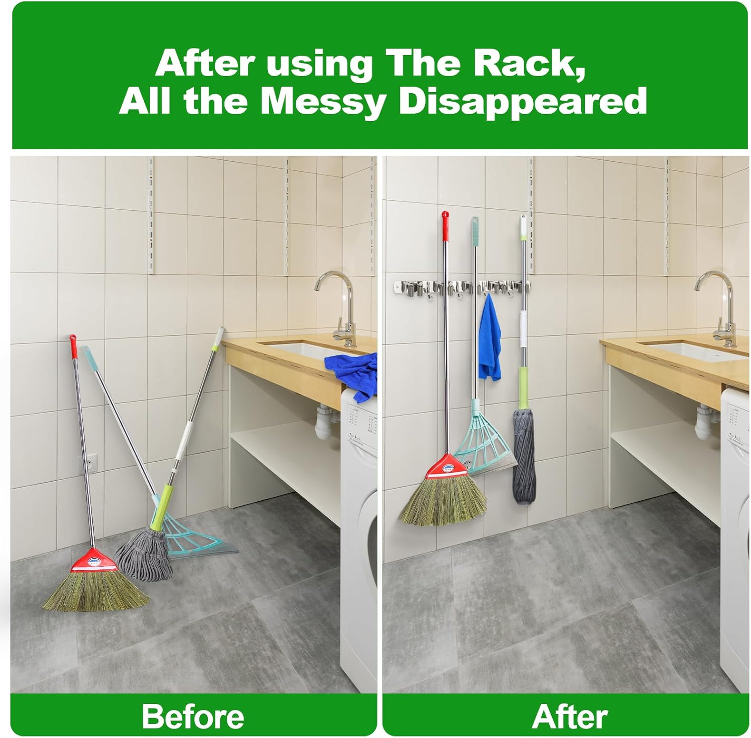 Voze Mop and Broom Holder - 5 Racks & 4 Hooks, Heavy-Duty Wall Mount Organizer for Home & Garage