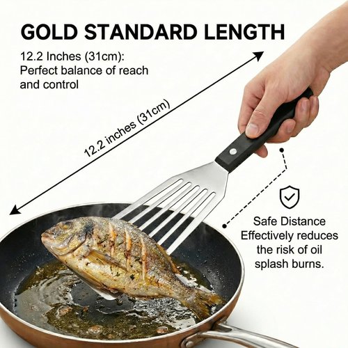 Stainless Steel Fish Spatula - 12.2 Inch Ideal Length Slotted Turner with High Heat Resistant PP Handle - Heavy Duty 1.2mm Thick Metal Flipper with Hanging Hole for Cooking & Grilling