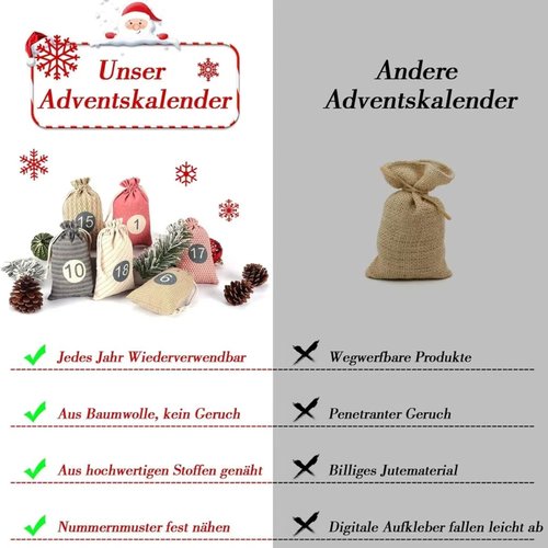 Christmas Advent Calendar Bags, 24 Days Countdown Calendar Burlap bags Hanging Advent Calendar Gift Favors for Xmas Decorations, Reusable Fabric Bags With Drawstring Closure(retro country style)