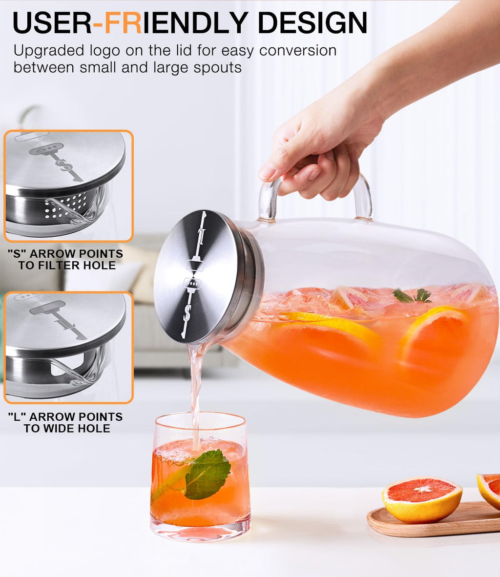 Potdoctor Glass Pitcher with Lid, 3 Liter 100oz Water Pitcher with Handle and Spout for Fridge, Borosilicate Glass for Iced Tea, Juice, Sangria, Cold/Hot Beverage, Large Jug