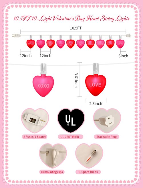 Hobbynors 10.5ft Heart String Lights with 10 LED Red & Pink Hearts, Messages: KISS ME/Love. Connectable, Waterproof Valentine's/Bedroom/Wedding/Dorm/Patio Decor. Plug-in, No Batteries.