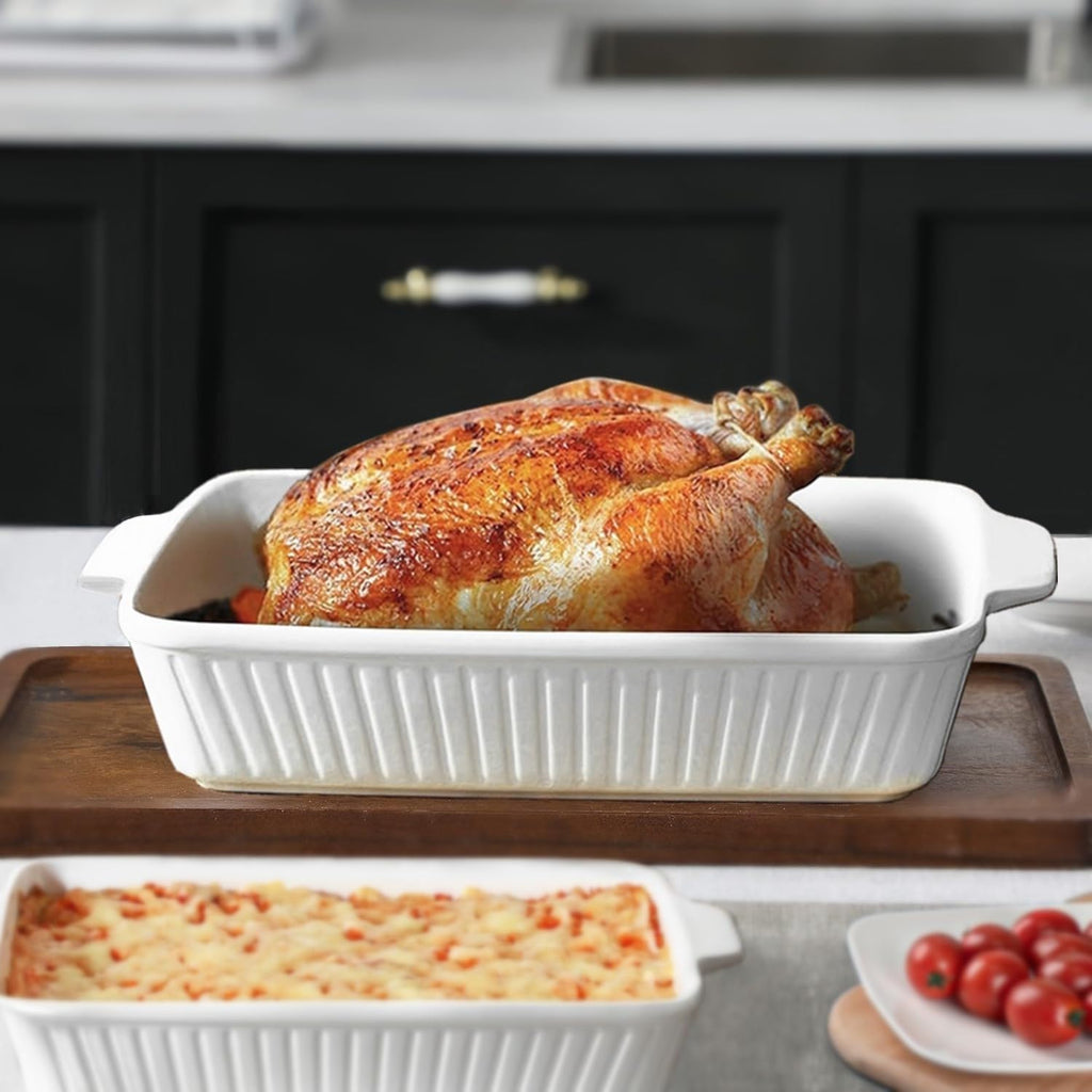 **Ceramic Baking Dish Set - 2-Piece Oven Safe Casserole Pans for Lasagna & Cake | White 4.4QT & 1.8QT**