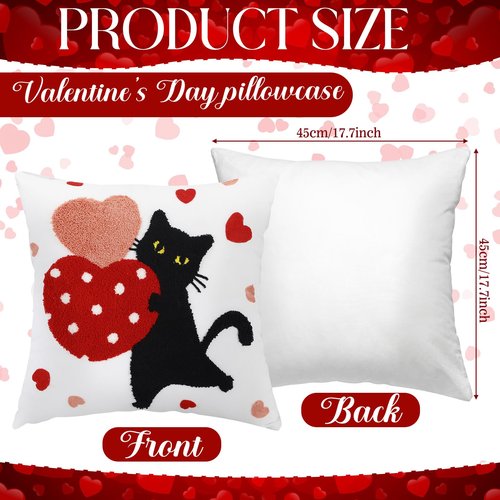 Mindsoft 2 Pcs Valentines Day Pillow Covers 18 x 18 Inch Embroidery Cushion Covers Red Heart Throw Pillowcase Cute Black Cat Pillow Cover Valentine Home Decor for Chair Sofa Bedroom Living Room