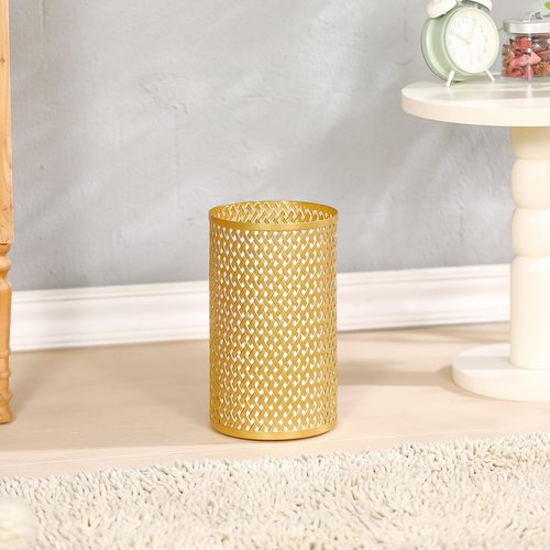 Wenbery Small Gold Trash Can for Bathroom, Metal Garbage Can for Offices, Decorative Hollow-Out Garbage Can Waste Paper Bin, 7" W X 7" L X 12" H