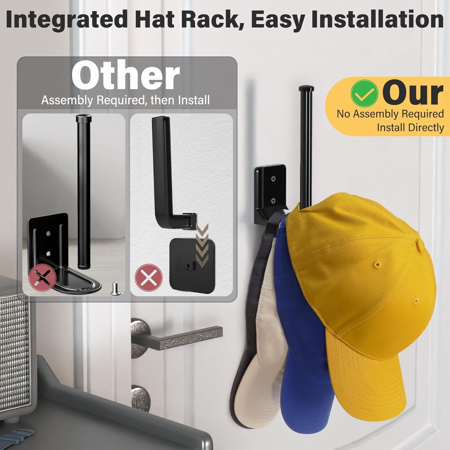 Skiennix Adhesive Hat Hooks - 4 Pack Wall-Mounted Hat Rack for Baseball Cap Storage | Black