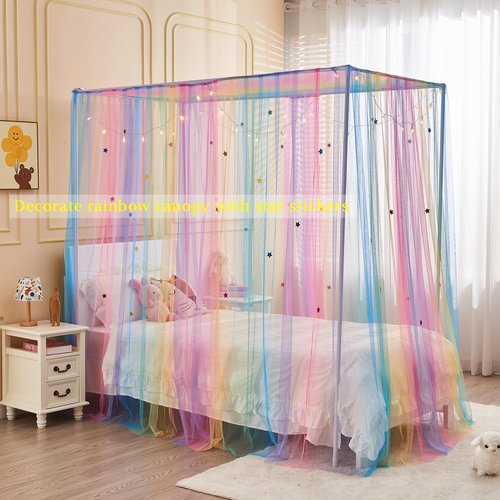 JQWUPUP Rainbow Bed Canopy for Girls Kids, 4 Corner Post Princess Twin Canopy Bed Curtains with DIY Star Stickers for Bedroom Decor
