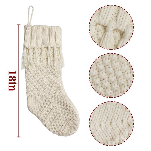 Farmhouse Personalized Knitted Christmas Stockings, 3 Packs 18 inche Knit Christmas Stockings, Rustic Farmhouse Boho Style Stocking Decorations for Family Holiday Season Decor, White & Beige