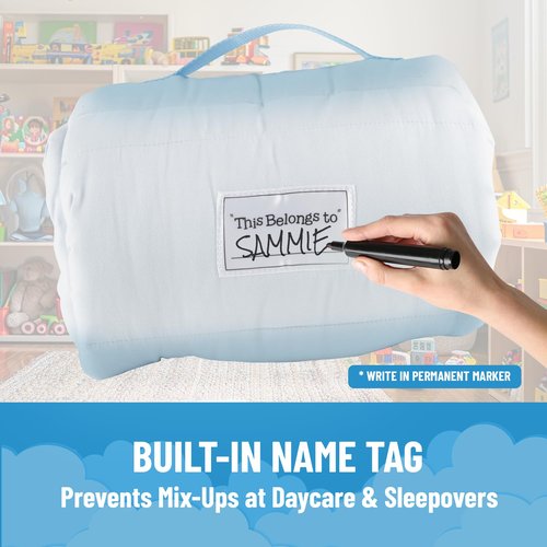 Jay Franco Kids Nap Mat with Embedded Pillow & Blanket – Soft 46"x20" Microfiber Sleeping Bag with Name Tag & Handle for School, Travel, Sleepover, Blue - Bluey