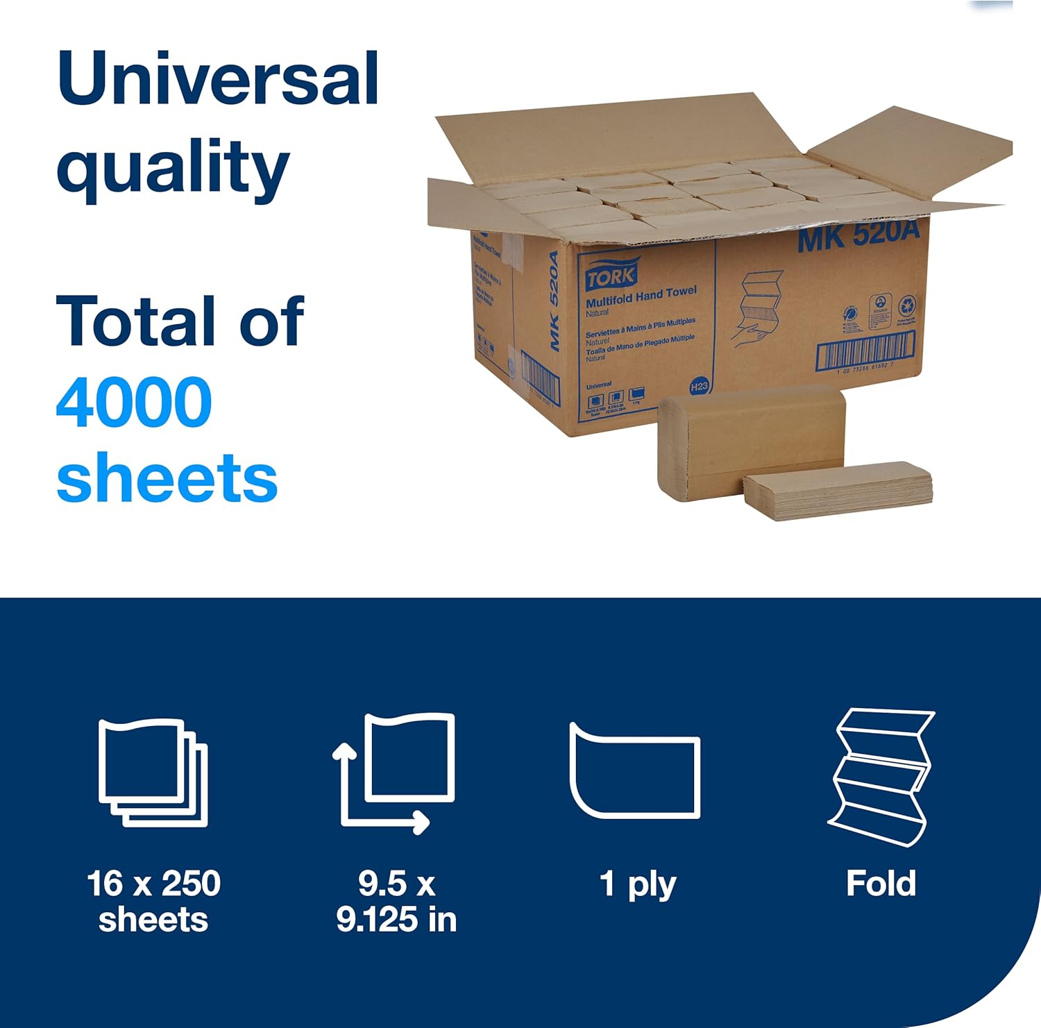 Tork Multifold Hand Towels - 100% Recycled, FSC Certified | 16 Packs of 250 Sheets Each