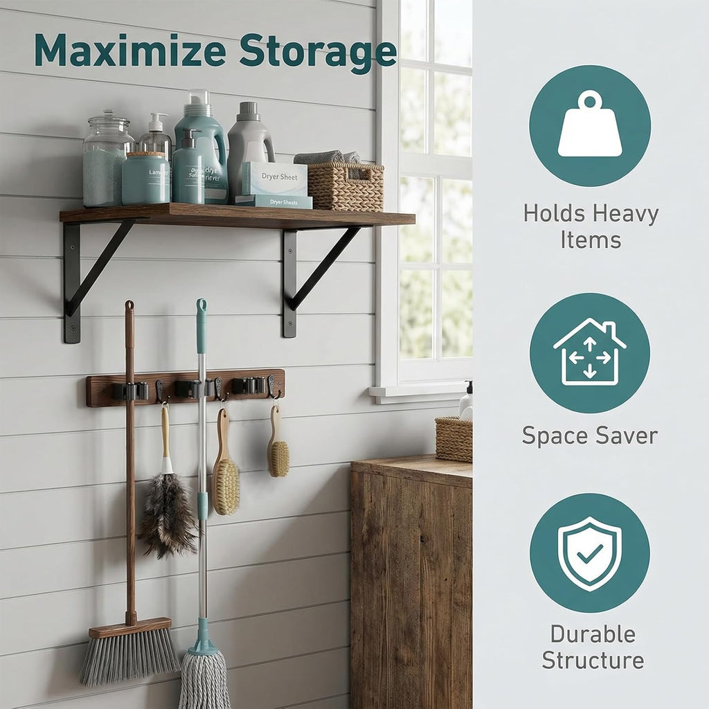 Skiennix Broom and Mop Organizer - Rustic Farmhouse Wall-Mounted Storage Rack for Laundry Room | Brown