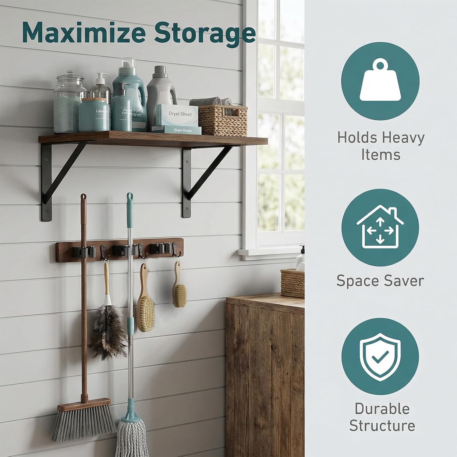 Skiennix Broom and Mop Organizer - Rustic Farmhouse Wall-Mounted Storage Rack for Laundry Room | Brown