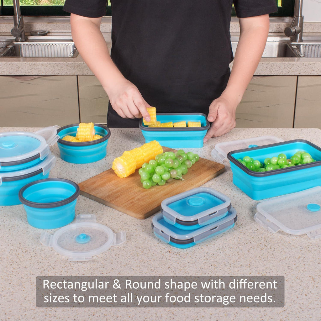 Skiennix Collapsible Food Storage Containers - 8 Pack Silicone Set for Camping & RV | Microwave & Dishwasher Safe, Blue