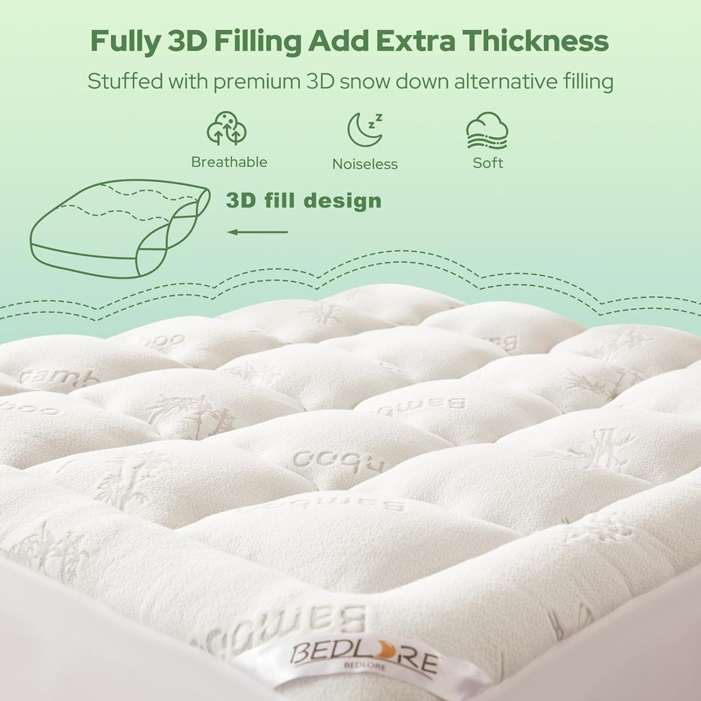 BEDLORE Twin Mattress Topper - Soft Bamboo Viscose Pillow Top for 6-15 Inch Mattresses | Breathable Comfort & Back Pain Relief