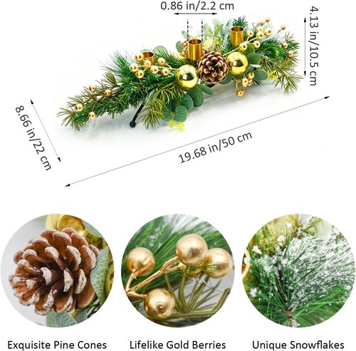 MrMrKura Christmas Tabletop Centerpiece - 3 Candle Holders with Pine Cones & Red Berries | Gold Decor