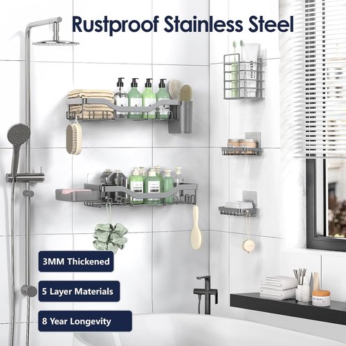 NESOMI Shower Caddy - Adhesive Bathroom Organizer with Rustproof Stainless Steel | 7-Pack, Large Capacity