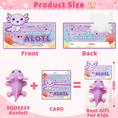 Jumlys Valentines Day Cards for Kids School, 24 Packs Cute Axolotl Squeeze Toys, Valentine Day Party Favors for Boys Girls, Ideal Exchange Cards for Classroom