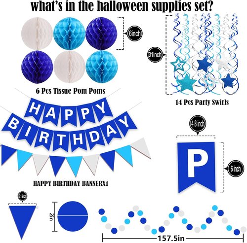 FECEDY Happy Birthday Banner - Navy Blue Paper Flag Garland with Confetti & Honeycomb Balls