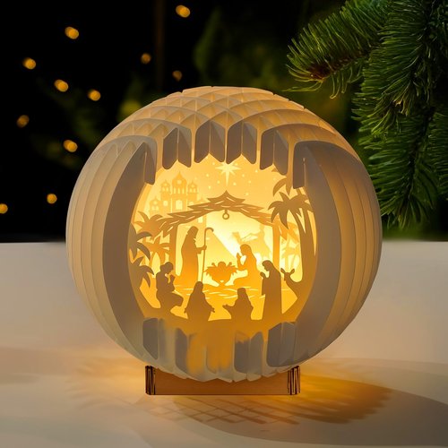 DINIZON Wooden Nativity Set, Wood Christmas Nativity Scene Set, Miniature Holy Family Figurines, Table Top Boho Christmas Jesus Decorations for Indoor Mantel Display, Miracle In A Manger Gift (Light Up Nativity)