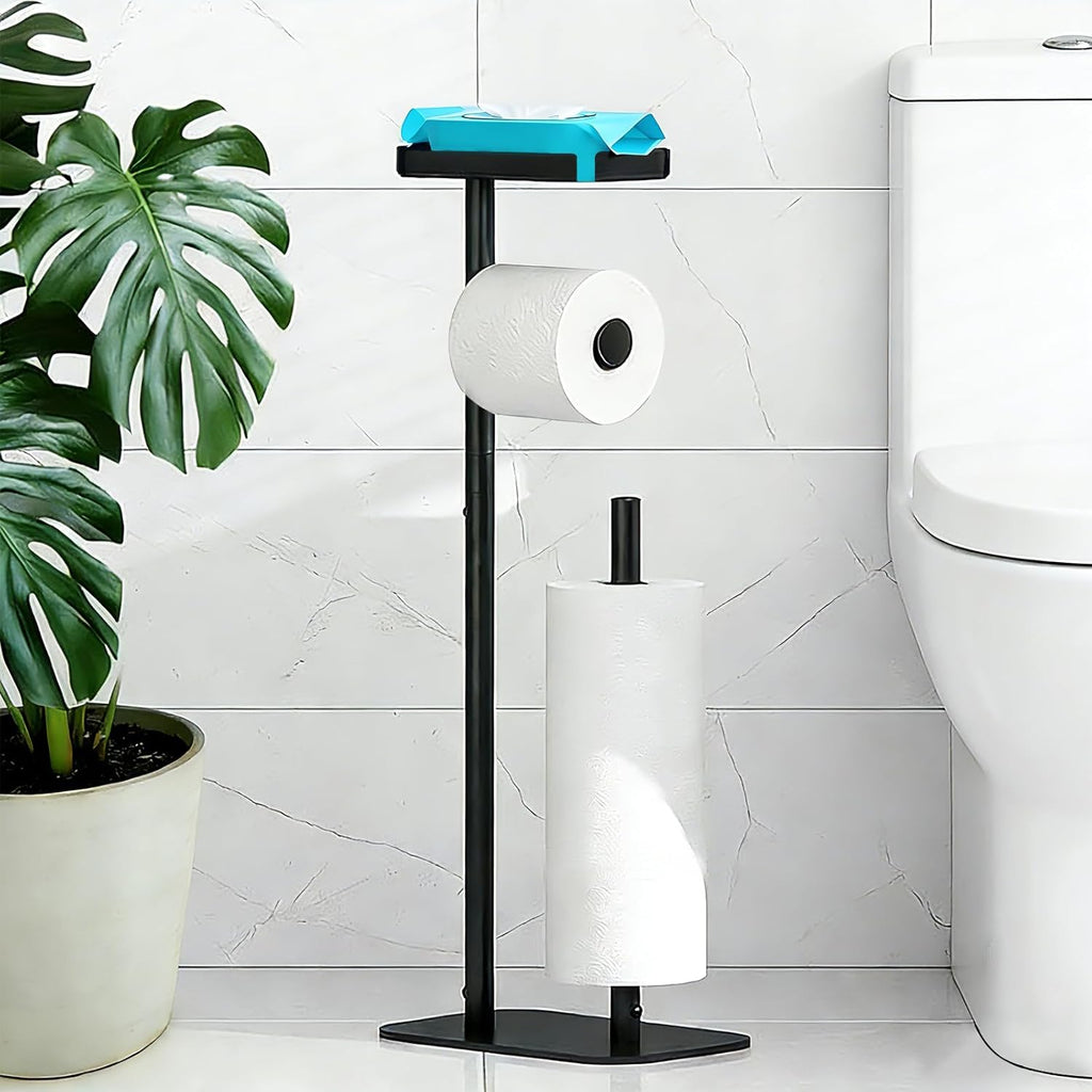 Skiennix Free Standing Toilet Paper Holder - Rustproof Metal Stand with Anti-Slip Base & Top Shelf | Black