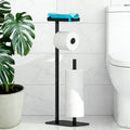 Skiennix Free Standing Toilet Paper Holder - Rustproof Metal Stand with Anti-Slip Base & Top Shelf | Black