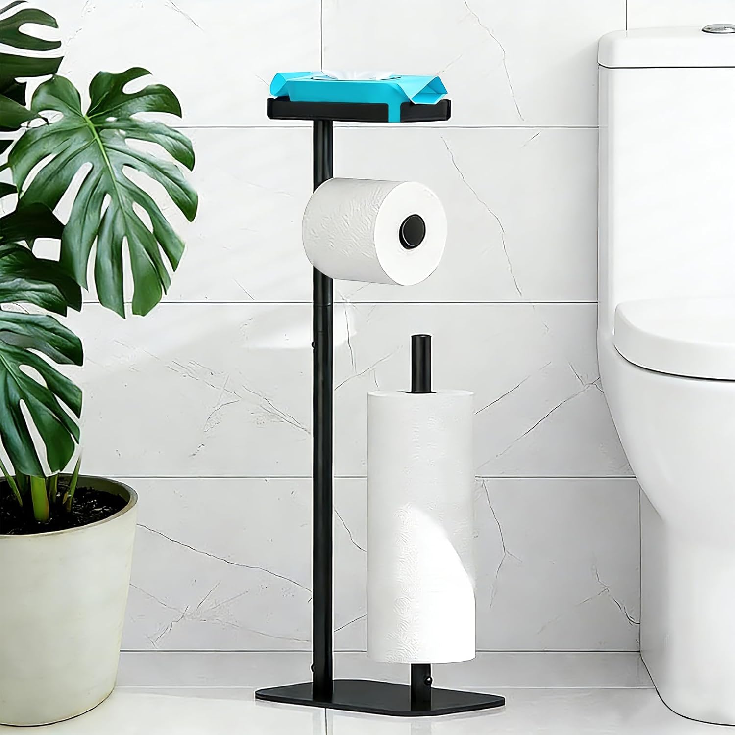 Skiennix Free Standing Toilet Paper Holder - Rustproof Metal Stand with Anti-Slip Base & Top Shelf | Black