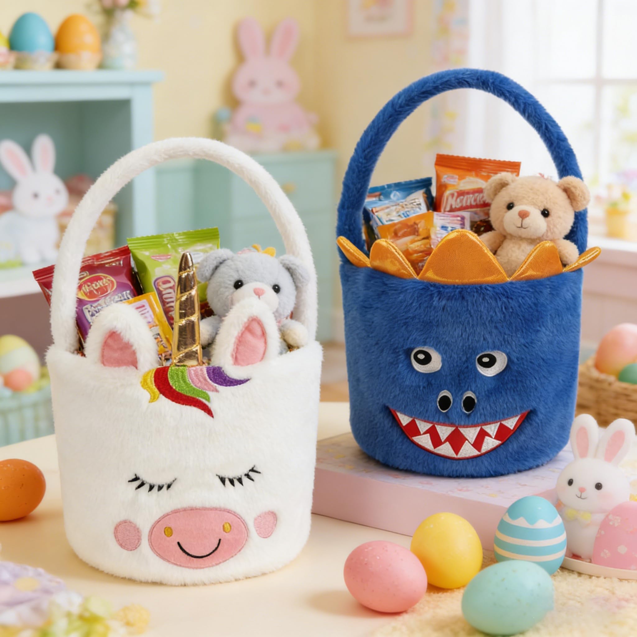 DearSun 2 Pcs Halloween Basket Plush Trick or Treat Bag, Halloween Candy Bucket for Kids Gifts Party Decoration Supplies, Dia 8" * H 15.7" (Unicorn&Dinosaur)