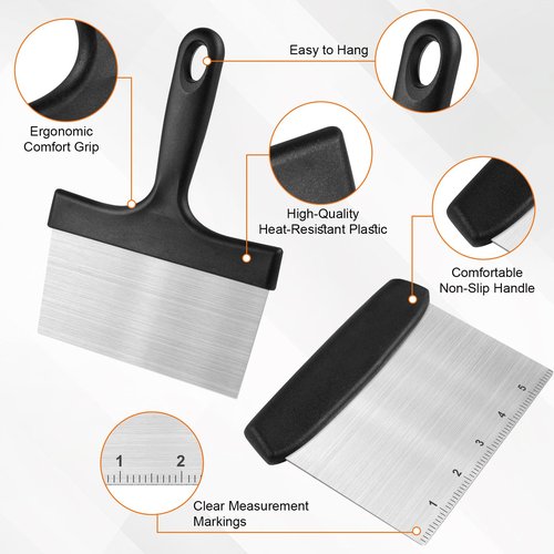 HANWRAPS Grill Scraper&Bench Scraper Set，Food Scraper with Handle for Blackstone, Flat Top Grill Cleaning，Premium Stainless Steel Dough Cutter with Measuring Scale for Pastry,Cake,Pizza,Bread,Cooking