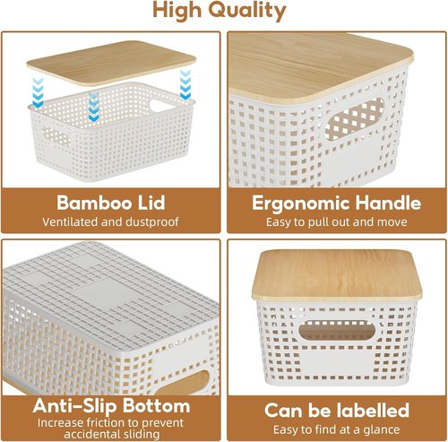 8 Pack Plastic Storage Bins by [Brand Name] - Stackable Baskets with Bamboo Lids for Organized Pantry & Office