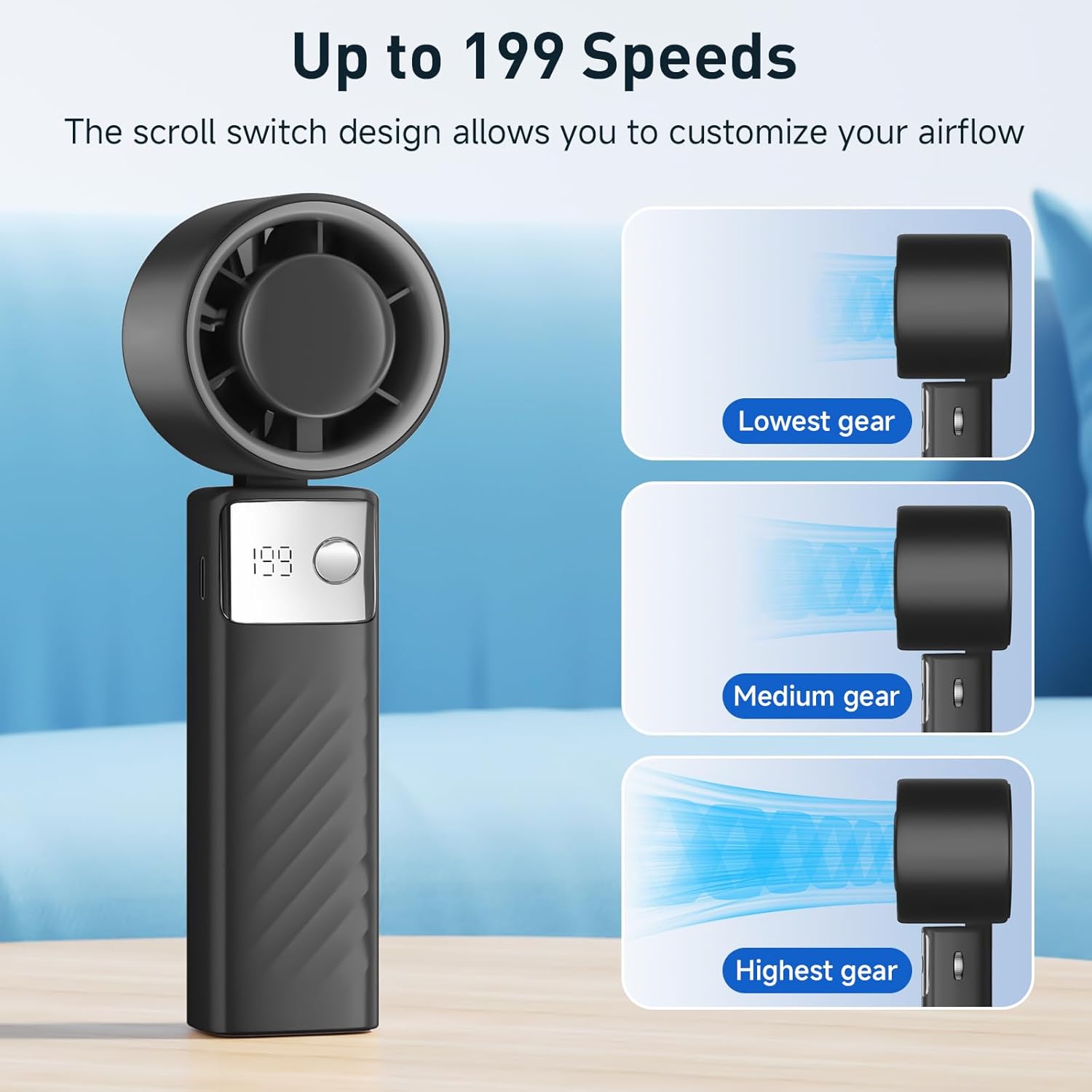 YOSHENMO Portable Handheld Turbo Fan - Foldable Mini Fan with 20-Hour Runtime & LED Display | Dark Black