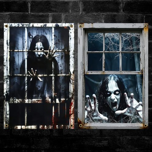 Yigney 2 Pcs Scary Halloween Window Decorations Female Ghost Window Door Cover Haunted Halloween Curtains Silhouette Decor for Outdoor Indoor (Female Ghost)