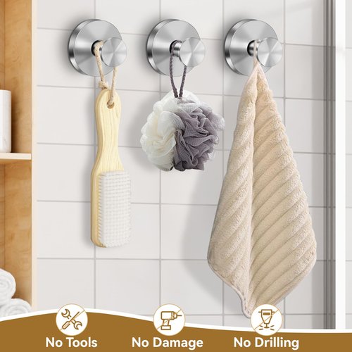 TACGEA Suction Cup Hooks for Shower, Removable Towel Hooks for Bathroom Window Glass, Powerful Vacuum Shower Hook for Towel, Robe, Loofah - 4 Pack, Sliver