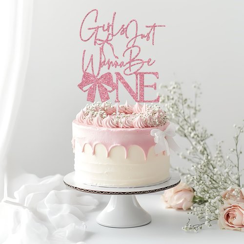 Girls Just Wanna Be One Cake Topper, Pink Bow First Birthday Cake Topper, Sweet One, Bow Girl's 1st Birthday Party Decorations Glitter