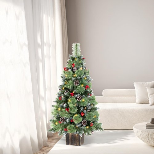 Jin&Bao 4FT Potted Christmas Tree with 100 Lights, 2 Pack Artificial Xmax Tree Timer Function with Round Pine Cones & Red Berries, 3AA Battery Operated Christmas Decorations for Outdoor, Porch