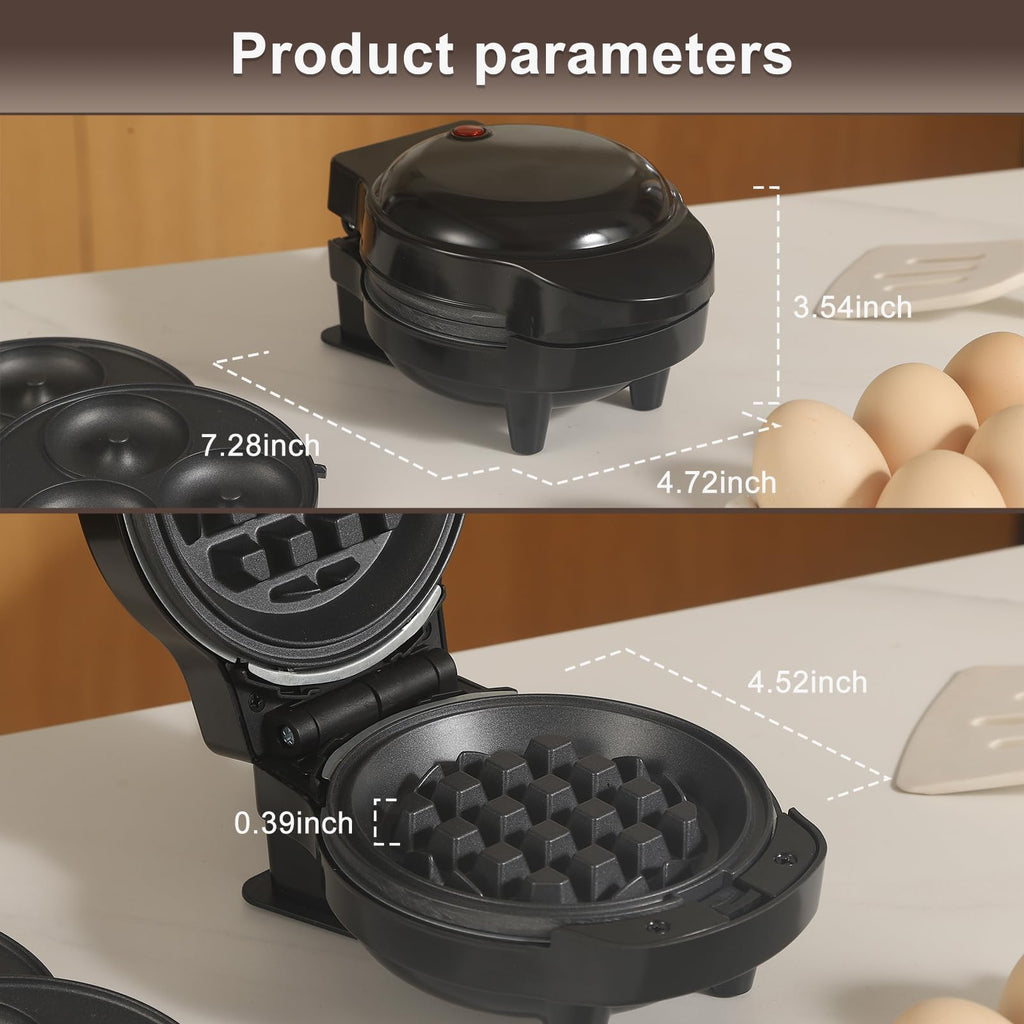UVFAST Mini Waffles Maker with 6 Removable Plates, 3 in 1 Small Waffle Maker Mini- Waffle, Heart Waffle, Donut, 4.5" Non Stick Waffle Iron for Families, Black