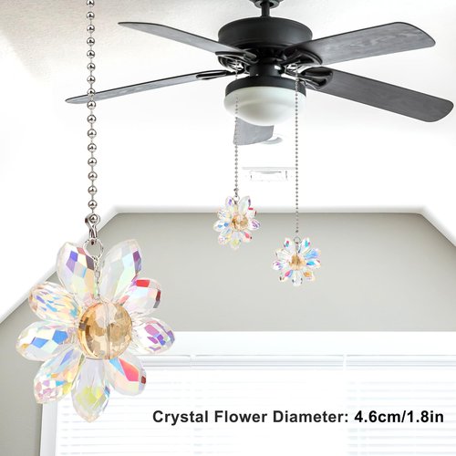 2 Pieces Ceiling Fan Pull Chain, Decorative 1.8" Crystal Glass Flower Pendants Pull Chain Extension with 23" Ceiling Fan Chain Extender and Connector for bedside lamp Table Lamp Light(Crystal AB)