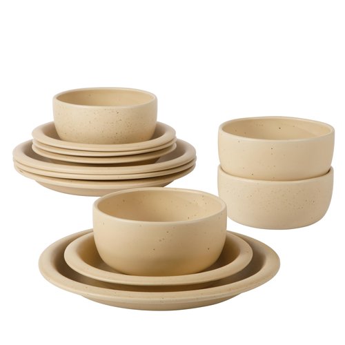 Bloomhouse - Two Time Oprah's Favorite Things Winner - Corsica Clay 12 Piece Stoneware Rustic Reactive Glaze Dinnerware Set - Stackable Plates Bowls Set. Service for 4 - Matte Finish Cappuccino Cream