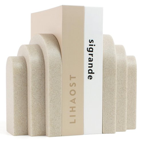 LIN CHUAN Heavy Duty Bookends for Shelves, 6.6 LBS Heavy Book Ends for Heavy Books, Decorative Modern Bookends with Faux Sandstone Look, Layered Arch Book Stopper for Bookshelf Holder Set of 2, Beige