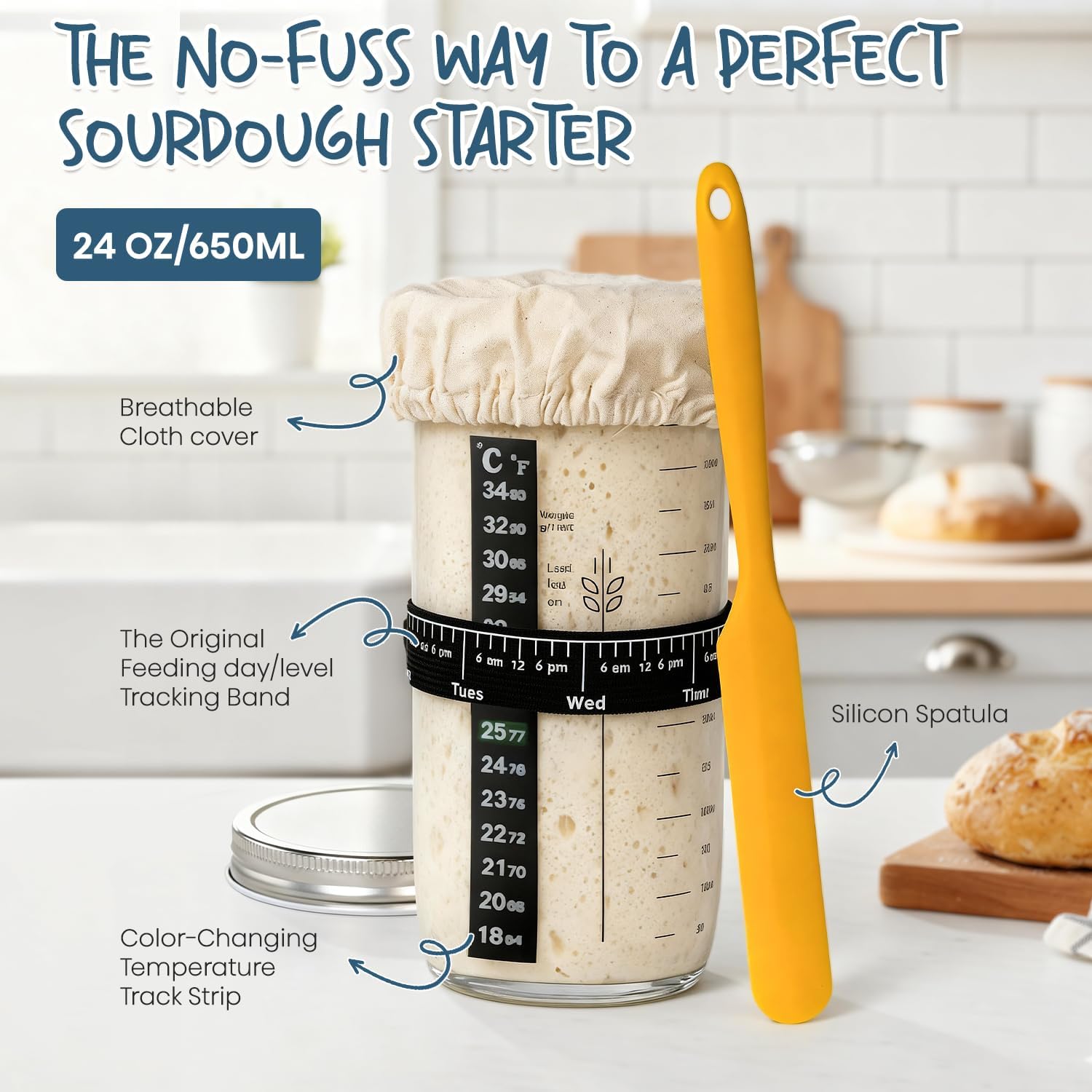 Skiennix Sourdough Starter Kit - 24oz Starter Jar & 9'' Round Proofing Baskets | Perfect Baking Gifts